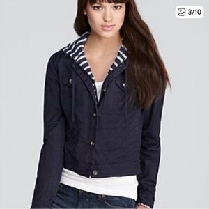 Splendid Dark Blue Utility Jacket with Striped Liner by Zipper and Hood